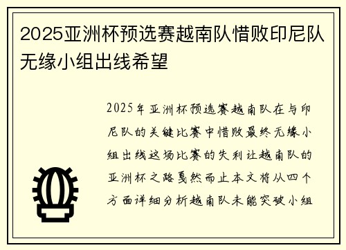 2025亚洲杯预选赛越南队惜败印尼队无缘小组出线希望